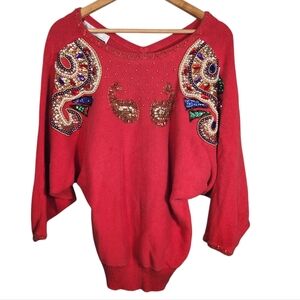 Vintage 80s 90s Diana Marco Sweater Womens 24 Red Beaded Sequined Blingy